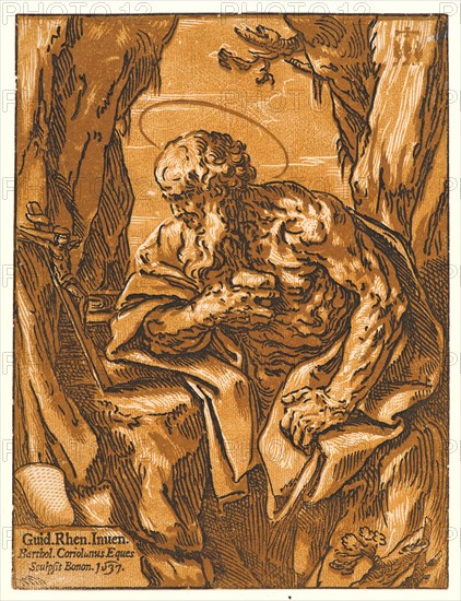 Bartolomeo Coriolano (Italian, ca. 1599-1676) after Guido Reni (Italian, 1575 - 1642). St. Jerome as a Penitent, 1637. Chiaroscuro woodcut printed from three blocks in yellow, brown, and black. Image: 290 mm x 220 mm (11.42 in. x 8.66 in.).