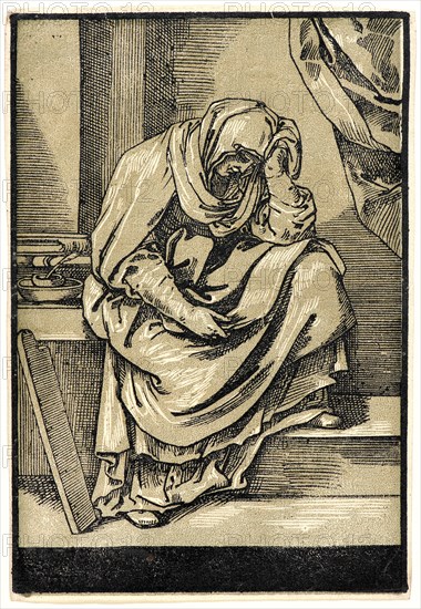 Bartolomeo Coriolano (Italian, ca. 1599-1676) after Guido Reni (Italian, 1575 - 1642). Sibyl, ca. 1640. Chiaroscuro woodcut printed from two blocks in grey-green and black. Image: 280 mm x 191 mm (11.02 in. x 7.52 in.).