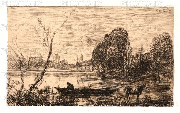 Jean-Baptiste-Camille Corot (French, 1796 - 1875). Ville d'Avray: Boatman on Pond (Evening), 1862. Etching and drypoint on buff chine collé. Plate: 81 mm x 127 mm (3.19 in. x 5 in.). Second of three states.