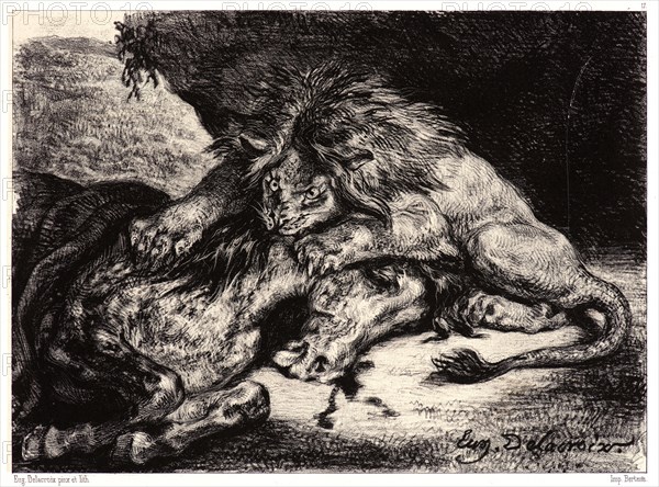 EugÃ¨ne Delacroix (French, 1798 - 1863). Lion Devouring a Horse (Lion Devorant un Cheval), after Delacroix's painting, 1844. Lithograph.