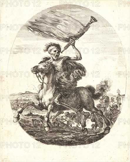 Stefano Della Bella (Italian, 1610 - 1664). La Mort a cheval, 1648. From The Dance of Death (Les cinq Morts). Etching. Second of three states.