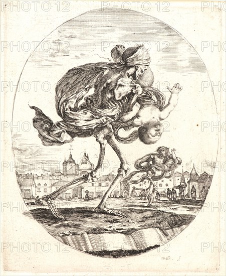 Stefano Della Bella (Italian, 1610 - 1664). La Mort emportant vers la droite de l'estampe un enfant, 1648. From The Dance of Death (Les cinq Morts). Etching. Second of three states.