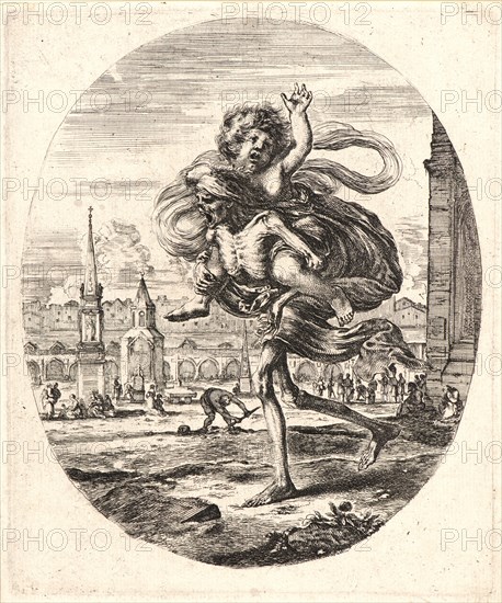 Stefano Della Bella (Italian, 1610 - 1664). La Mort emportant sur son dos un enfant, 1648. From The Dance of Death (Les cinq Morts). Etching. Second of three states.