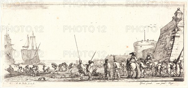 Stefano Della Bella (Italian, 1610 - 1664). De nombreux soldats attendent sur le rivage, 1644. From Divers Embarquements. Etching on laid paper. Only state.