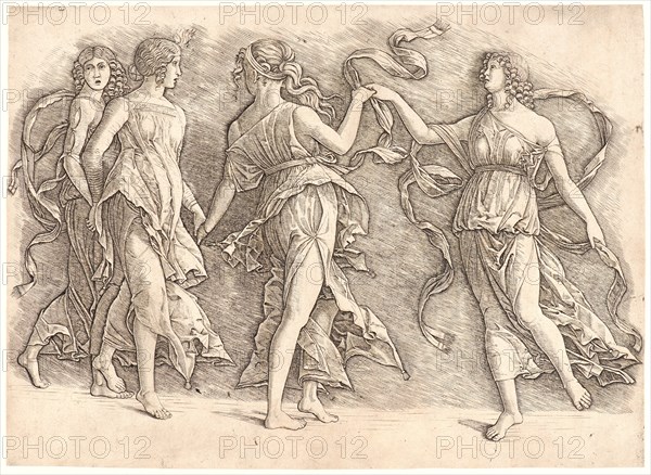 Premier Engraver (Italian, active 1495â€ì1497) after Andrea Mantegna (Italian, ca. 1431 - 1506). Four Dancing Muses, ca. 1497. Engraving on laid paper. Sheet: 244 mm x 339 mm (9.61 in. x 13.35 in.).