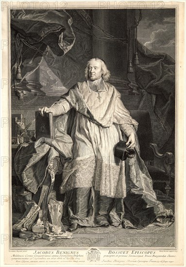 Pierre-Imbert Drevet (French, 1697-1739) after Hyacinthe Rigaud (French, 1659 - 1743). Portrait of the Bishop Jacques-Bénigne Bossuet (1627-1704), 1723. Engraving on laid paper. Plate: 508 mm x 346 mm (20 in. x 13.62 in.). Ninth of fifteen states, before the dots after the painter's name and pinxit.