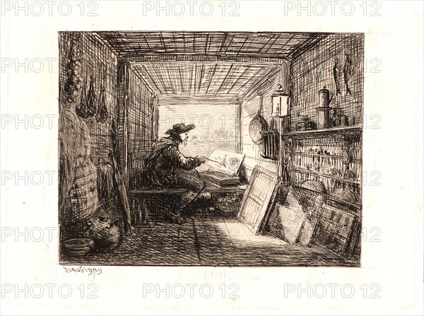 Charles FranÃ§ois Daubigny (French, 1817 - 1878). Portrait of the Artist at Work (le Botin), 1861. From Le Voyage en Bateau (Le Bateau-Atelier). Etching on wove paper. Plate: 132 mm x 179 mm (5.2 in. x 7.05 in.). First of two states.