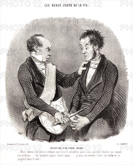 Honoré Daumier (French, 1808 - 1879). Réception d'un Franc-Macon, 1846. From Les Beaux Jours de la Vie. Lithograph on white wove paper. Image: 222 mm x 218 mm (8.74 in. x 8.58 in.). Second of two states.