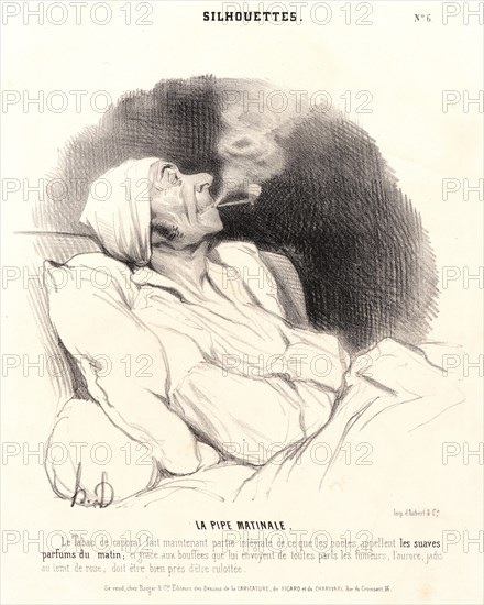 Honoré Daumier (French, 1808 - 1879). La Pipe Matinale, 1841. From Silhouettes. Lithograph on white wove paper. Image: 210 mm x 220 mm (8.27 in. x 8.66 in.) (image dimensions are for composition). Third of three states.
