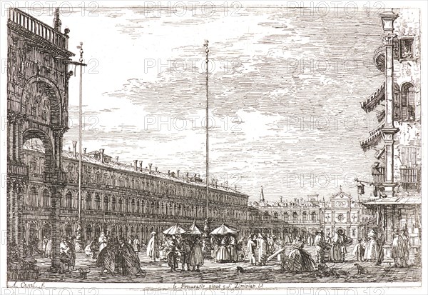 Canaletto (aka Antonio Canale) (Italian, 1697 - 1768). The Former Chief Magistrates Palace, Venice (Le Procuratie Nuove et l'Ãâglise de Saint Géminien, Ã  Venise), 18th century. First state.