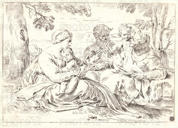 Simone Cantarini (Italian, 1612 - 1648). The Holy Family and St. Elizabeth and St. John, 17th century. Etching. Plate: 127 mm x 184 mm (5 in. x 7.24 in.). Only state.