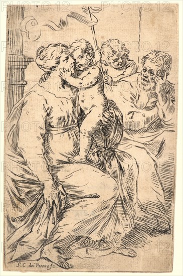 Simone Cantarini (Italian, 1612 - 1648). The Holy Family with St. John, 17th century. Etching. Plate: 131 mm x 84 mm (5.16 in. x 3.31 in.). Only state.