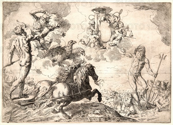 Simone Cantarini (Italian, 1612 - 1648). Jupiter, Neptune and Pluto Paying Homage with Their Crowns to Cardinal Borghese, 1642-1643. Etching. Fourth of four states.