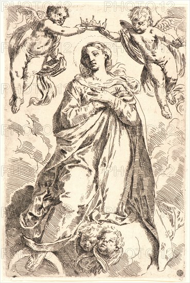 Anonymous after Simone Cantarini (Italian, 1612 - 1648). Virgin Crowned by Angels, 17th century. Etching. Plate: 207 mm x 136 mm (8.15 in. x 5.35 in.).