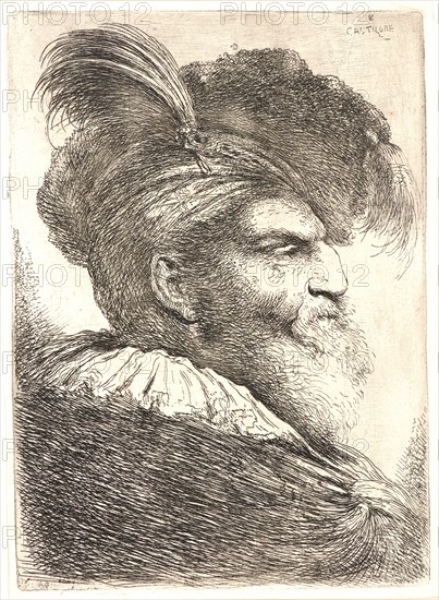 Giovanni Benedetto Castiglione (Italian, 1609 - 1664). Bearded Man Wearing a Bonnet with a Plume, ca. 1648-1650. From Les Grandes tÃªtes d'hommes coiffés Ã  l'Orientale. Etching.