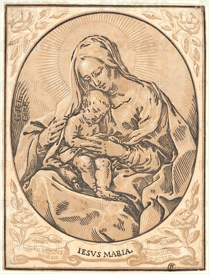 Bartolomeo Coriolano (Italian, ca. 1599-1676) after Guido Reni (Italian, 1575 - 1642). The Virgin with the Infant Christ, 17th century. Chiaroscuro woodcut printed from three blocks in tan, brown, and black.