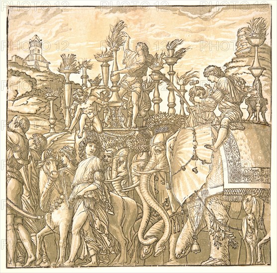 Andrea Andreani (Italian, 1558/1559 â€ì 1629) after Andrea Mantegna (Italian, ca. 1431 - 1506). The Elephants, 1598. From The Triumph of Julius Caesar. Chiaroscuro woodcut. Image: 367 mm x 375 mm (14.45 in. x 14.76 in.).