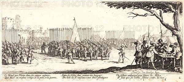 Jacques Callot (French, 1592 - 1635). L'Enrolment des Troupes, 1633. From The Large Miseries of War (Les Grandes MisÃ¨res de la Guerre). Etching. Second state.