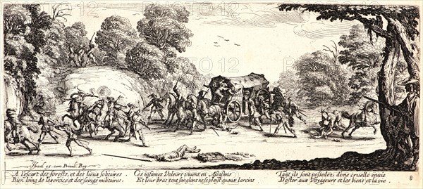 Jacques Callot (French, 1592 - 1635). Highway Robbery and Murder (L'Attaque de la Diligence), 1633. From The Large Miseries of War (Les Grandes MisÃ¨res de la Guerre). Etching. Second state.