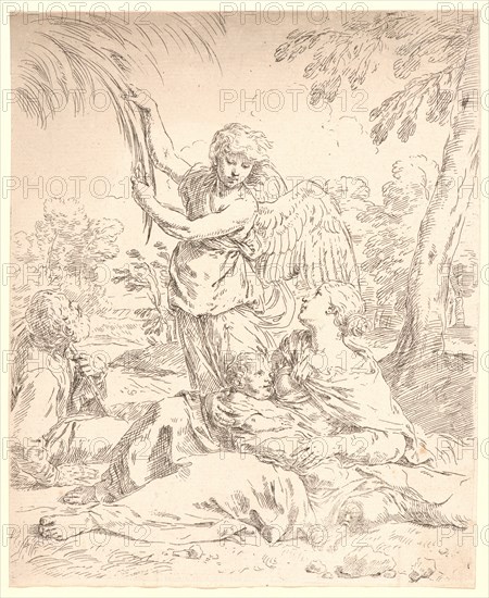 Anonymous after Simone Cantarini (Italian, 1612 - 1648). Rest on the Flight into Egypt, 17th century. Etching on late paper. First of two states.