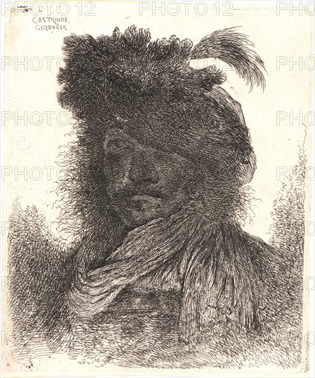 Giovanni Benedetto Castiglione (Italian, 1609 - 1664). Head of Man Wearing a Fur Cap with a Plume, ca. 1648-1650. From Les Grandes tÃªtes d'hommes coiffés Ã  l'Orientale. Etching.