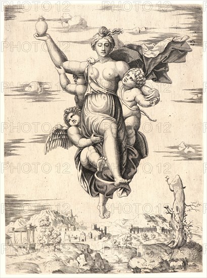 School of Marcantonio Raimondi after Raphael (Italian, 1483 - 1520). Psyche Carried to Mount Olympus, ca. 1515- 1540. Engraving on laid paper. Plate: 293 mm x 216 mm (11.54 in. x 8.5 in.).