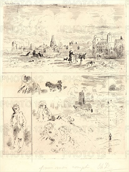Félix Hilaire Buhot (French, 1847 - 1898). Environs de l'ancien CollÃ¨ge Rollin, 19th century. Etching on Ingres laid paper. Plate: 270 mm x 217 mm (10.63 in. x 8.54 in.). Unique state, printed before plate was cut in three or four pieces.