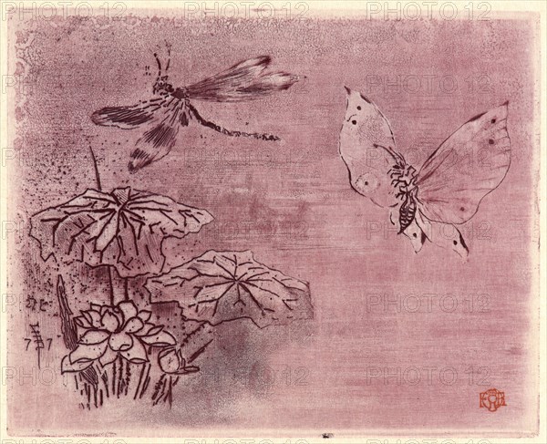Félix Hilaire Buhot (French, 1847 - 1898). Bookplate with Butterfly and Dragonfly (Ex Libris Papillon et Libellule), 19th century. Etching and aquatint.