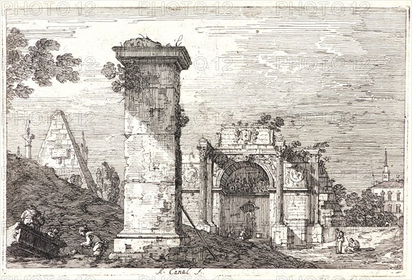 Canaletto (aka Antonio Canale) (Italian, 1697 - 1768). Landscape with Ruins beside the Pyramid (Le pillier isolé or Paysage avec des Monuments en ruines), 18th century. Etching. Second state.