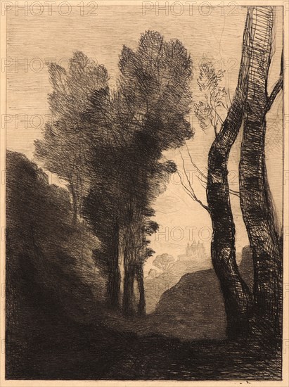 Jean-Baptiste-Camille Corot (French, 1796 - 1875). Environs of Rome, 1866. Etching on Japan paper. Plate: 316 mm x 239 mm (12.44 in. x 9.41 in.). Third of three states.