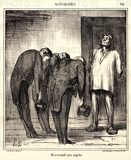 Honoré Daumier (French, 1808 - 1879). Recevant ses sujets, 1869. From Actualités. Lithograph on newsprint paper. Image: 242 mm x 212 mm (9.53 in. x 8.35 in.). Second of two states.