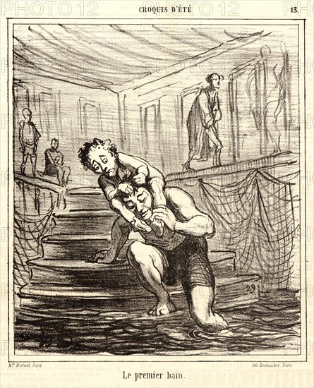 Honoré Daumier (French, 1808 - 1879). Le premier bain, 1865. From Croquis d'été. Lithograph on newsprint paper. Image: 232 mm x 201 mm (9.13 in. x 7.91 in.). Second of two states.