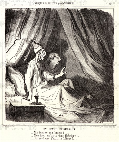 Honoré Daumier (French, 1808 - 1879). Un réveil en sursaut, 1865. From Croquis Parisiens. Lithograph on newsprint paper. Image: 222 mm x 211 mm (8.74 in. x 8.31 in.). Second of two states.