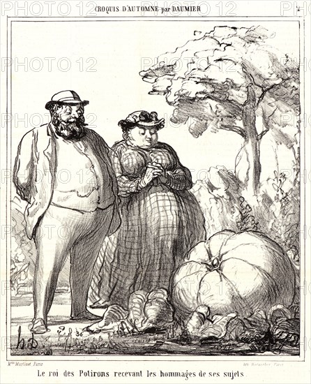 Honoré Daumier (French, 1808 - 1879). Le roi des Potirons recevant les Hommages de ses Sujets, 1865. From Croquis d'automne. Lithograph on newsprint paper. Image: 248 mm x 215 mm (9.76 in. x 8.46 in.). Second of two states.
