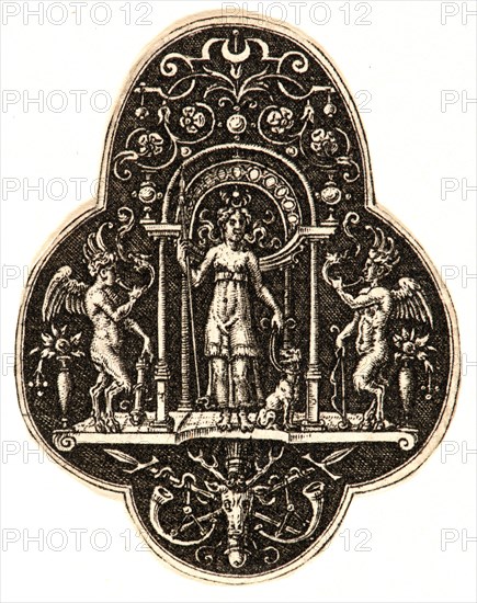 Etienne Delaune (aka Ãâtienne Delaune) (French, ca. 1519 - 1583). Three Ornaments, Plate 2, 1573. Engraving.