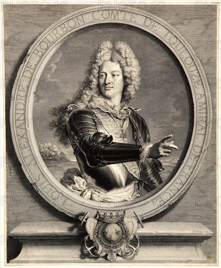 Pierre Drevet (French, 1663-1738) after Hyacinthe Rigaud (French, 1659 - 1743). Portrait of Louis-Alexandre de Bourbon, Comte de Toulouse, 1714. Engraving on laid paper. Plate: 461 mm x 378 mm (18.15 in. x 14.88 in.). First of two states.