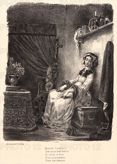 Eugène Delacroix (French, 1798 - 1863). Marguerite at Her Spinning Wheel (Marguerite au rouet), 1828. From Faust. Lithograph. Fourth of six states.