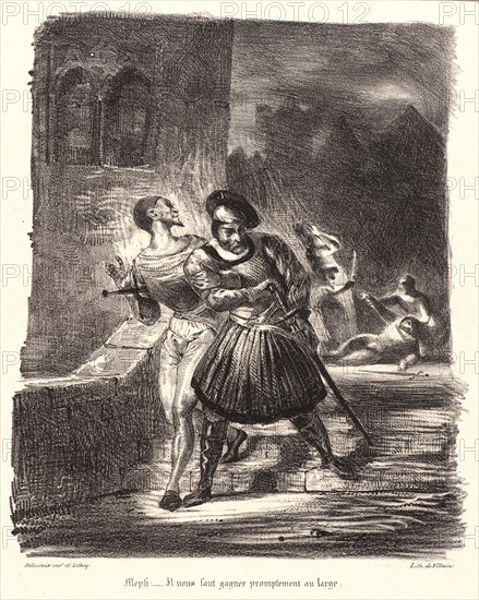 EugÃ¨ne Delacroix (French, 1798 - 1863). Mephistopheles and Faust Fleeing after the Duel (MéphistophélÃ¨s et Faust fuyant aprÃ¨s le duel), 1828. From Faust. Lithograph. Fifth of seven states.