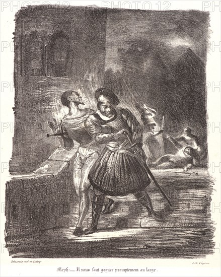 EugÃ¨ne Delacroix (French, 1798 - 1863). Mephistopheles and Faust Fleeing after the Duel [with the address of Varyon] (MéphistophélÃ¨s et Faust fuyant aprÃ¨s le duel [avec lâ€ôadresse de Varyon]), 1828. From Faust. Lithograph. Sixth of seven states.