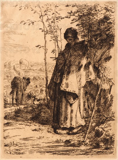 Jean-FranÃ§ois Millet (French, 1814 - 1875). Shepherdess Knitting (La Grande BergÃ¨re), 1862. Etching printed in brown ink on Asian wove paper. Plate: 321 mm x 238 mm (12.64 in. x 9.37 in.). Only state.