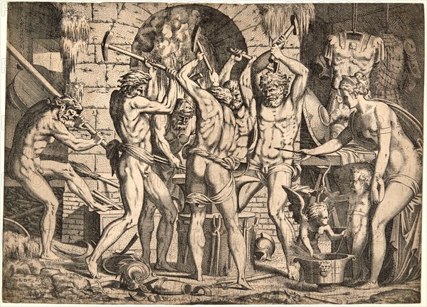 Monogrammist L. D. (aka Leon Davent, French, active 1540â€ì1556) after Luca Penni (Italian, 1500/1504 - 1577). Venus and Amor at the Forge of Vulcan, ca. 1550. Etching.