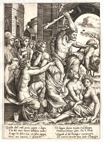 Master of the Die (Italian, born ca. 1512, active 1532/1533) after Baldassare Peruzzi (Italian, 1481 - 1536). Hercules Driving Out Envy from the Temple of the Muses, 16th century. Engraving. First state.