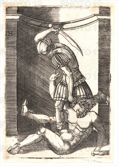 Master I.H. (aka Agostino Veneziano, Italian, active ca. 1530) possibly after Agostino Musi (Italian, ca. 1490 - after 1536). Soldier Killing a Naked Man, 1530. Engraving on laid paper. Plate: 111 mm x 78 mm (4.37 in. x 3.07 in.).