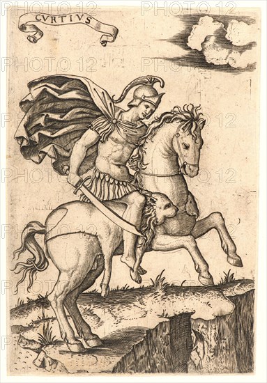 Marcantonio Raimondi (Italian, ca. 1470/1482 - 1527/1534). Marcus Curtius, 16th century. Engraving on laid paper. Plate: 172 mm x 120 mm (6.77 in. x 4.72 in.).