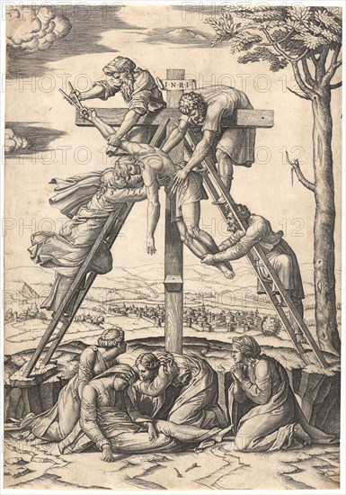 Marcantonio Raimondi (Italian, ca. 1470/1482 - 1527/1534), thought to be after Raphael (Italian, 1483-1520). The Descent from the Cross, ca. 1520-1527. Engraving on laid paper. Plate: 404 mm x 283 mm (15.91 in. x 11.14 in.).