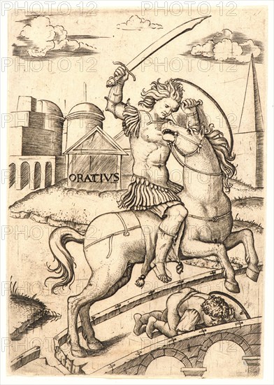 Marcantonio Raimondi (Italian, ca. 1470/1482 - 1527/1534). Horatius Cocles, 16th century. Engraving on laid paper. Plate: 178 mm x 123 mm (7.01 in. x 4.84 in.).
