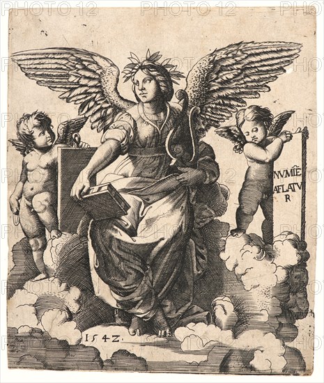 Anonymous after Marcantonio Raimondi (Italian, ca. 1470/1482 - 1527/1534). Poetry, 1542. Engraving on laid paper. Plate: 176 mm x 146 mm (6.93 in. x 5.75 in.).