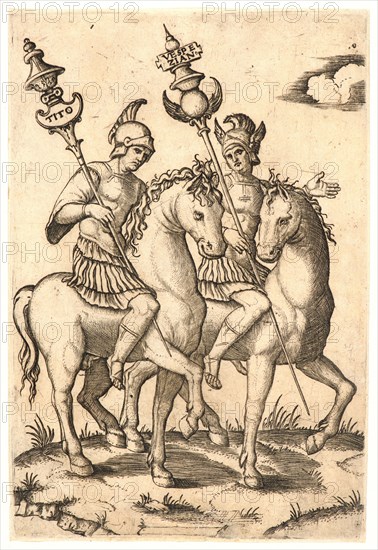 Marcantonio Raimondi (Italian, ca. 1470/1482 - 1527/1534). Titus and Vespasian, 16th century. Engraving on laid paper. Plate: 178 mm x 120 mm (7.01 in. x 4.72 in.).