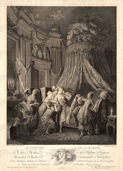 Jean-Michel Moreau le Jeune (French, 1741-1814) after Pierre Antoine Baudouin (French, 1723 - 1769). The Marriage Bed (La Couché de la Mariée), 1768. Etching and engraving on laid paper. Plate: 468 mm x 336 mm (18.43 in. x 13.23 in.). Fourth of four states.