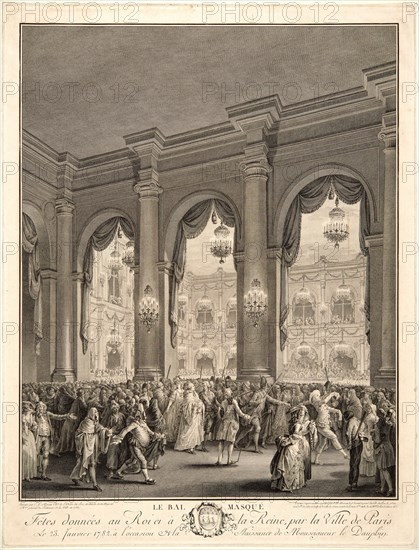 Jean-Michel Moreau le Jeune (French, 1741-1814) after P. L. Moreau (French). The Masked Ball, Given to the King and Queen by the City of Paris on 23 January 1782 on the Occasion of the Birth of the Dauphin, 1782. Etching and engraving on laid paper. Plate: 521 mm x 397 mm (20.51 in. x 15.63 in.). Second of two states.